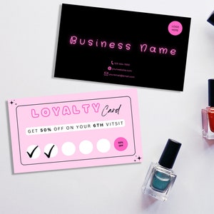 Modelo de cartão de fidelidade empresarial moderno para unhas, canva de fidelidade rosa neon perfurador, modelo de desconto de recompensas DIY imprimível, cartão de carimbo de beleza