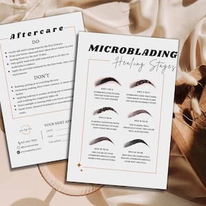 Tarjeta de cuidado posterior de cejas editable, tarjeta de bricolaje de plantilla de microblading PMU, proceso de curación de instrucciones de Phibrows, plantilla de negocio de belleza de spa