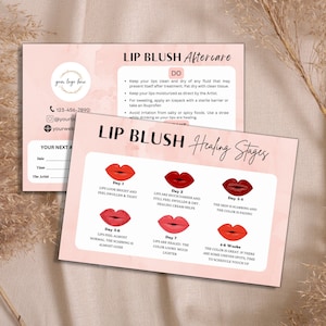 Plantilla de rubor de labios PMU, instrucciones de tarjeta de cuidados posteriores de bricolaje PMU, proceso de curación de tatuajes de rubor de labios, plantilla de tarjeta de cuidado de pequeñas empresas de belleza Canva