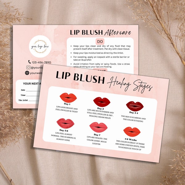 PMU Lip Blush Template, DIY Aftercare PMU Card Instruction, Lip Blush Tattoo Healing Process, Small Beauty Business Care Card Template Canva