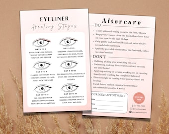Tarjeta de cuidado posterior del delineador de ojos PMU editable, tarjeta de plantilla de instrucciones de tatuaje de delineador de ojos DIY, etapas de curación del delineador de ojos, plantilla de negocio de belleza de spa