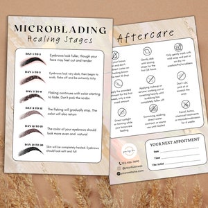 Tarjeta editable para el cuidado posterior de las cejas, plantilla de microblading PMU para hacer una tarjeta DIY, instrucciones sobre el proceso de curación de Phibrows, plantilla para un negocio de belleza y spa