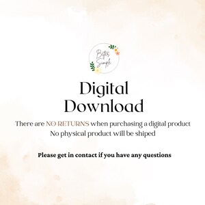 Puede incluir: Gr&aacute;fico de descarga digital con el texto "Descarga digital" en negro sobre un fondo melocot&oacute;n claro. El texto "No hay DEVOLUCIONES al comprar un producto digital. No se enviar&aacute; ning&uacute;n producto f&iacute;sico. Por favor, p&oacute;ngase en contacto si tiene alguna pregunta." tambi&eacute;n est&aacute; incluido en negro.