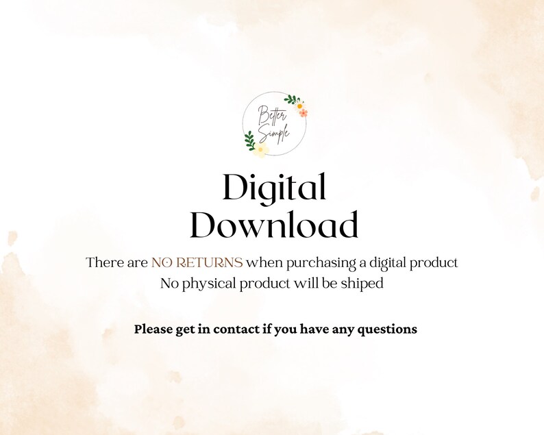 Puede incluir: Gr&aacute;fico de descarga digital con el texto "Descarga digital" en negro sobre un fondo melocot&oacute;n claro. El texto "No hay DEVOLUCIONES al comprar un producto digital. No se enviar&aacute; ning&uacute;n producto f&iacute;sico. Por favor, p&oacute;ngase en contacto si tiene alguna pregunta." tambi&eacute;n est&aacute; incluido en negro.