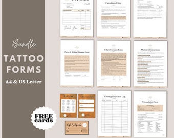 Tattoo-formulierbundel, klein tattoo-formulier, bewerkbaar tattoo-toestemmingsformulier, tattoo-intakeformulier, tattoo-artiest zakelijke formulieren, tattoo-artiestformulieren