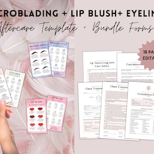 Tarjeta de cuidados posteriores a la cirugía estética de labios, cuidados posteriores al microblading editables, cuidados posteriores al rubor de labios, plantilla de etapas de curación del tatuaje de delineador de ojos, paquete de formulario de consentimiento de la cirugía estética de labios