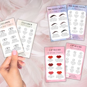 Tarjeta de cuidados posteriores a la cirugía estética de microblading, plantilla de etapas de curación de tatuajes de delineador de ojos, plantillas de cuidados posteriores a la cirugía estética de microblading editables más vendidas, cuidado posterior del rubor de labios