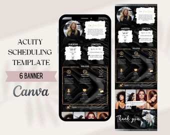 Può includere: Mockup di uno schermo di telefono cellulare nero e oro con uno sfondo in marmo bianco e nero. Lo schermo mostra un modello di sei banner per la pianificazione degli appuntamenti. Il modello include sezioni per "Il nostro orario", "Contatti", "Politiche" e "Grazie".