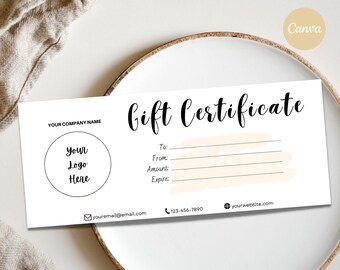 Minimalist Gift Certificate Template Small Business, DIY Gift Certificate Cards, Add Logo Gift Card Voucher, Coupon Editable Template Canva