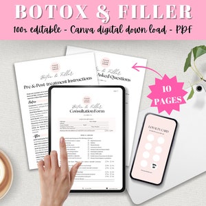 MODIFIABLE Produits de comblement dermique Botox Formulaires de consultation sur la toxine botulique Formulaire de consentement Conseils de soins de suivi Formulaire esthéticienne Formulaires d'admission pour esthéticienne Renonciation