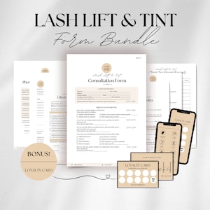 Lot de produits pour rehaussement de cils et coloration Formulaires imprimables de consentement pour rehaussement de cils Modèles modifiables pour esthéticienne Carte de soin pour le rehaussement de cils Formulaires pour salon de beauté