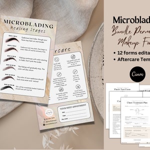 Formulario de consentimiento para microblading, plantilla de cuidados posteriores al microblading, formularios de PMU, instrucciones sobre el proceso de curación de Phibrows, plantilla de negocio de belleza de spa