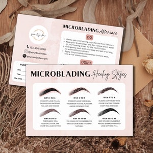 Tarjeta editable para el cuidado posterior de las cejas, plantilla de microblading PMU para hacer una tarjeta DIY, instrucciones sobre el proceso de curación de Phibrows, plantilla para un negocio de belleza y spa