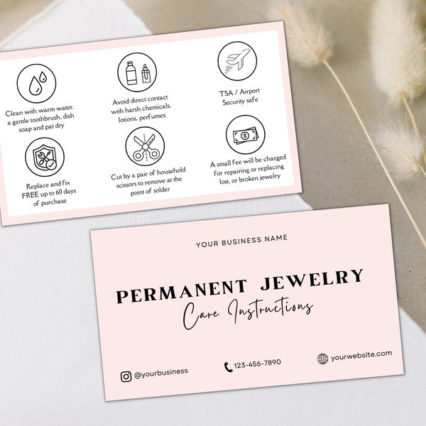 Pink Permanent Jewelry Care Card Template, DIY Permanent Jewelry Warranty Card, Modern Permanent Jewelry Starter Kit, Permanent Jewelry Tool