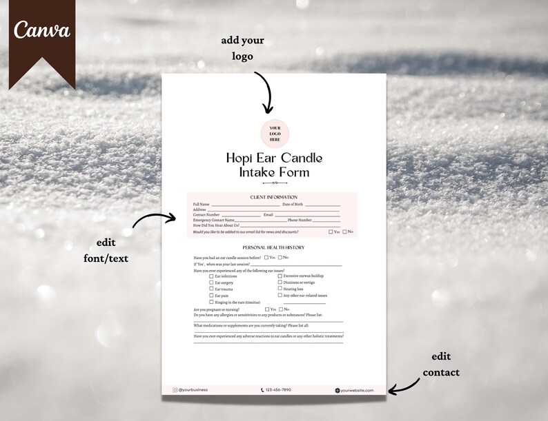 Hopi Ear Candling Intake Form, Hopi Ear Candling Consent Form, Canva