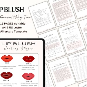 Formulario de consentimiento para rubor de labios de PMU, consulta editable para admisión de clientes de PMU, etapas de curación del cuidado posterior del rubor de labios casero, plantilla de formulario de belleza de spa