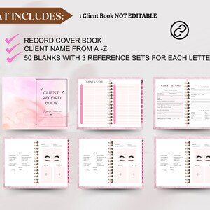Puede incluir: Un libro de registro de clientes rosa y blanco con un fondo de acuarela. El libro incluye una secci&oacute;n para el nombre del cliente, una secci&oacute;n para el registro del cliente y 50 p&aacute;ginas en blanco con 3 conjuntos de referencia para cada letra.