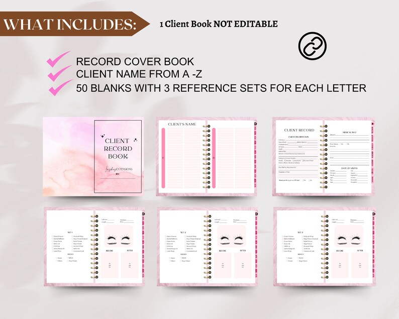 Puede incluir: Un libro de registro de clientes rosa y blanco con un fondo de acuarela. El libro incluye una secci&oacute;n para el nombre del cliente, una secci&oacute;n para el registro del cliente y 50 p&aacute;ginas en blanco con 3 conjuntos de referencia para cada letra.