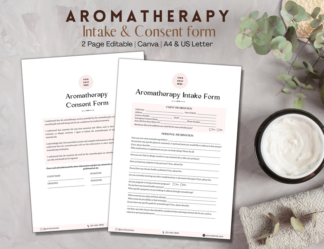 Aromatherapy Intake Form, Aromatherapy Consent Form, Canva Templates