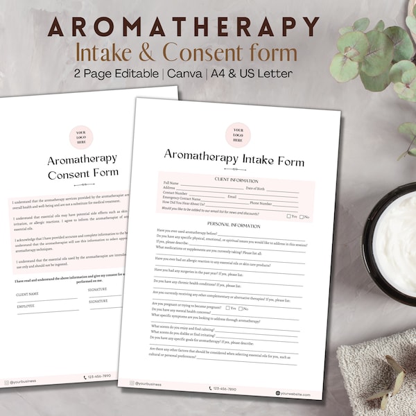Aromatherapy Intake Form, Aromatherapy Consent Form, Canva Templates, Energy Healing Form size A4 & US Letter