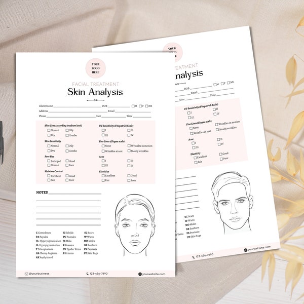 Hautanalyse-Formular, Gesichtsbehandlungs-Formularbündel, druckbare Hautpflege-Einwilligungsformulare, bearbeitbare Kosmetikerin-Vorlagen, Schönheitssalon-Formulare