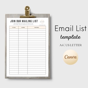 Puede incluir: Una plantilla de lista de correo electrónico imprimible en blanco y negro con el texto "JOIN OUR MAILING LIST" en la parte superior. La plantilla está diseñada para papel de tamaño A4 o US Letter e incluye columnas para el nombre, el apellido y la dirección de correo electrónico. El texto "Email List template" está escrito en una fuente decorativa debajo de la tabla. El logotipo de Canva está en un círculo en la parte inferior de la página.