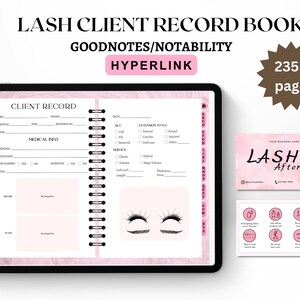 HYPERLINK Registro digitale dei clienti delle ciglia Goodnotes / Notability, Moduli per extension ciglia, Informazioni sui clienti delle ciglia, Scheda post-cura delle ciglia rosa