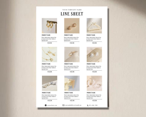 Minimal Modern Line Sheet Template Canva Editable, Instant Download Price Sheet Template,  Price List For Wholesale and Small Business