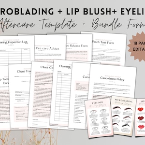 Tarjeta de cuidados posteriores de PMU, cuidados posteriores de microblading editables, cuidados posteriores de rubor de labios, plantilla de etapas de curación de tatuajes de delineador de ojos, paquete de formulario de consentimiento de PMU