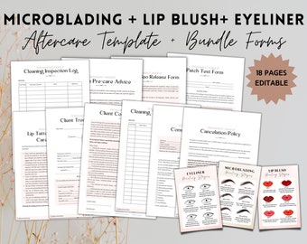 PMU Nazorgkaart, Bewerkbare Microblading Nazorg, Lip Blush Nazorg, Eyeliner Tattoo Healing Stadia Sjabloon, PMU Toestemmingsformulierpakket