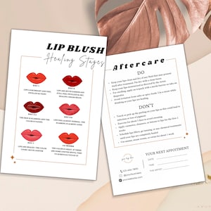 Plantilla de rubor de labios PMU, instrucción de tarjeta PMU de cuidado posterior de bricolaje, proceso de curación de tatuajes de rubor de labios, plantilla de tarjeta de cuidado de pequeñas empresas de belleza Canva