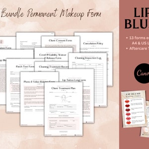 Bundle Lip Blush Vorlage, PMU Nachsorgeanleitung, Lip Blush Nachsorgekarte, PMU Einverständniserklärung, Beratung Formulare Kosmetikerin