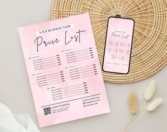 Sjabloon DIY-prijslijst, bewerkbare prijslijstsjabloon schoonheidssalon, prijsgids fotografie, elektronisch prijsblad nagelmake-up haar