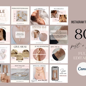 May include: A collection of 80 Instagram post and story templates for jewelry businesses. The templates feature a variety of designs, including geometric shapes, circles, and text overlays. The templates are fully editable and can be customized to fit your brand.