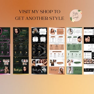 May include: Six different designs for a lash stylist business card. Each card features a photo of a woman, a list of policies, booking rules, and important information. The cards also include the text "Thank you" and the logo "Better Simple".