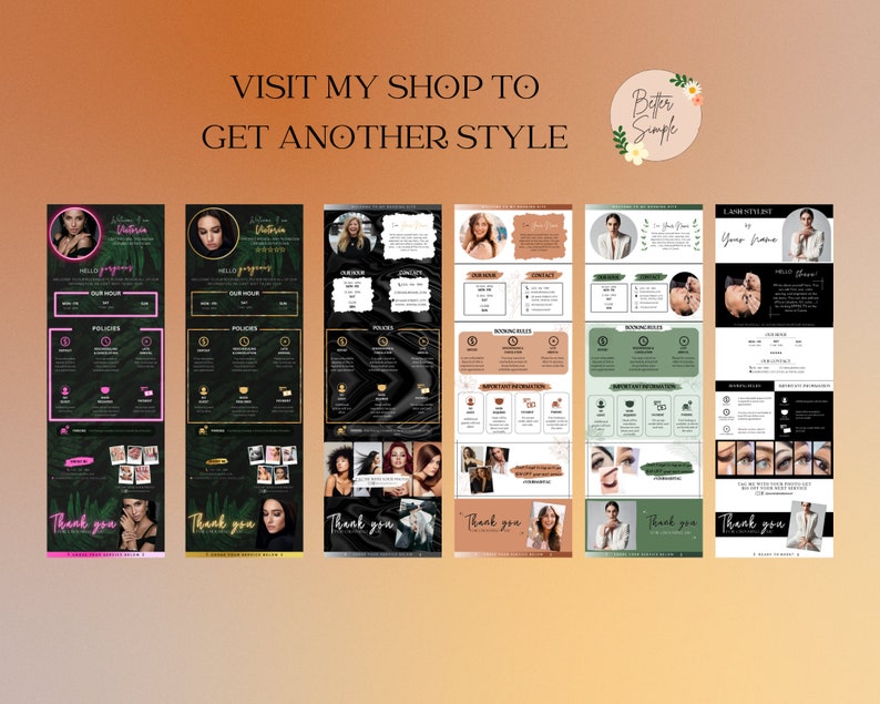 May include: Six different designs for a lash stylist business card. Each card features a photo of a woman, a list of policies, booking rules, and important information. The cards also include the text "Thank you" and the logo "Better Simple".