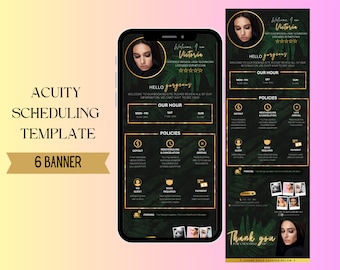 Plantilla editable de programación de Acuity para citas tropicales, plantilla de sitio de reservas DIY en oro negro, tecnología de pestañas, renovación de Acuity, pancartas de Acuity para esteticistas