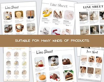 May include: Line sheet template with images of various products, including candles, shoes, jewelry, and cakes. The text "Line Sheet" appears at the top of each page.