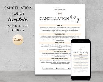 Plantilla de política de cancelación de salón editable, políticas de cancelación de spa, plantilla de política de pestañas, tecnología de pestañas de cabello de uñas, formulario de esteticista