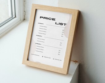 Op de afbeelding: Een ingelijst prijslijst met een lichtbruine achtergrond en witte tekst. De lijst heeft de titel "Price List" en bevat categorieën voor verschillende behandelingen met bijbehorende prijzen. Onderaan de lijst staan ​​social media- en website-informatie.