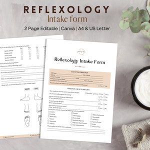 Formularz przyjęcia refleksologii, formularz konsultacji masażu stóp, notatki SOAP refleksologii, formularz refleksologii w formacie A4 i US Letter