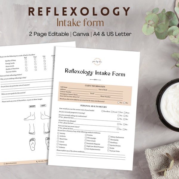 Intake-Form für Fußreflexzonen, Fuß-Massage-Beratungsbogen, Reflexologie SOAP Notizen, Reflexologie Form Größe A4 & US Letter