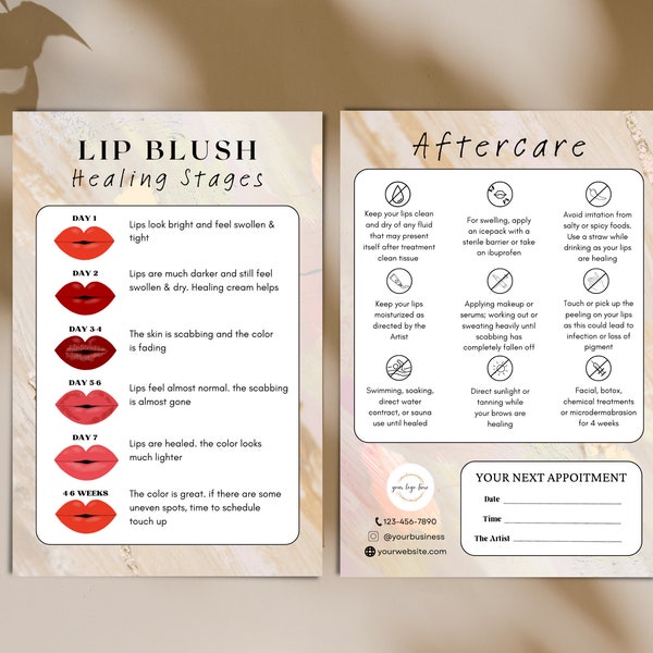 DIY Lip Blush Template, PMU Aftercare Instruction, Lip Blush Aftercare Card Healing Process, Beauty Business Care Card Template, PMU forms