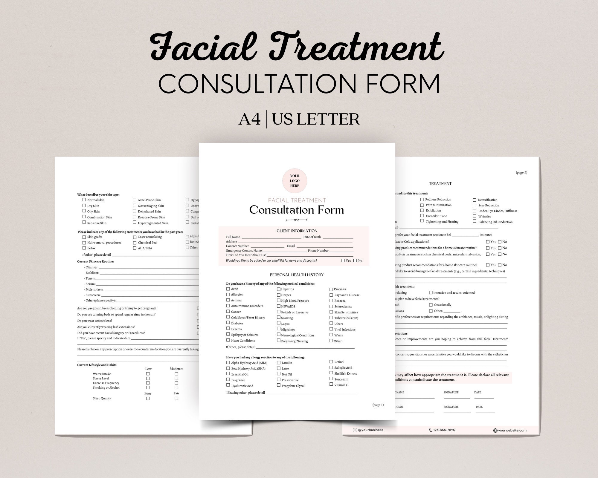 Editable Facial Consultation Form, Facial Treatment Form Bundle, Esthetician Templates, Facial Client Intake Form, Beauty Salon Forms