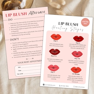 Modelo de blush labial pmu, instruções de cartão pmu de cuidados posteriores diy, processo de cura de tatuagem de blush labial, modelo de cartão de cuidados de negócios de pequena beleza canva