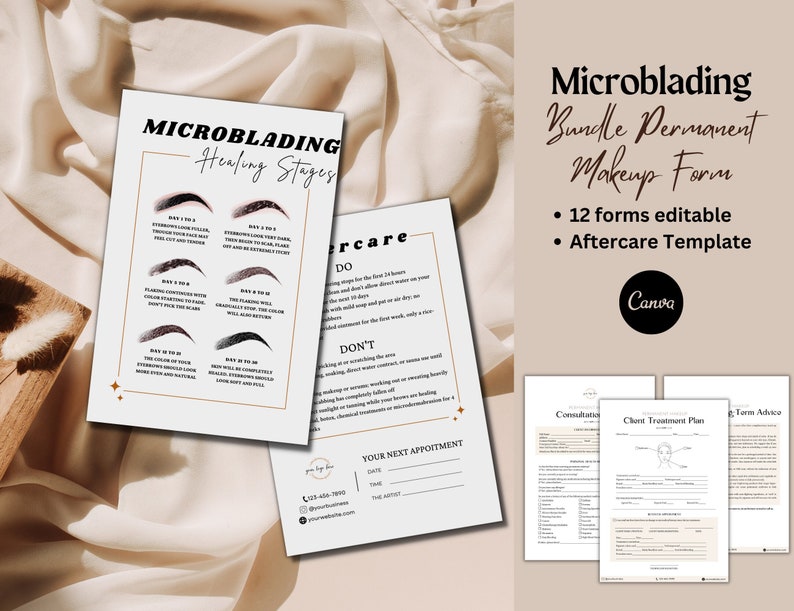 Microblading Consent Form, Editable PMU Client Intake, Eyebrows Aftercare Template Card, Phibrows Instruction Healing Process, PMU Forms image 1
