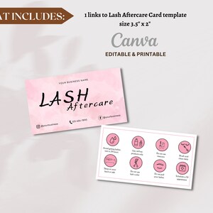 Puede incluir: Una plantilla de tarjeta de cuidado posterior de pesta&ntilde;as rosa y blanca con el texto "LASH Aftercare" e instrucciones para el cuidado de las pesta&ntilde;as. La tarjeta mide 3,5 pulgadas por 2 pulgadas y es editable e imprimible en Canva.