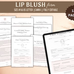 Formulaire de consentement PMU pour un fard à joues à lèvres, consultation de fard à joues DIY, maquillage permanent pour les lèvres tatouage, réception client, formulaires d'esthéticienne sur toile modifiable