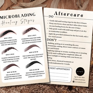 Scheda modificabile per la cura delle sopracciglia, modello fai da te per microblading PMU, istruzioni per il processo di guarigione di Phibrows, modello per attività di bellezza spa