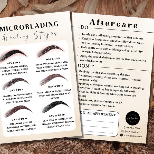Editable Eyebrows Aftercare Card,  DIY PMU Microblading Template, Phibrows Instruction Healing Process, Spa Beauty Business Template